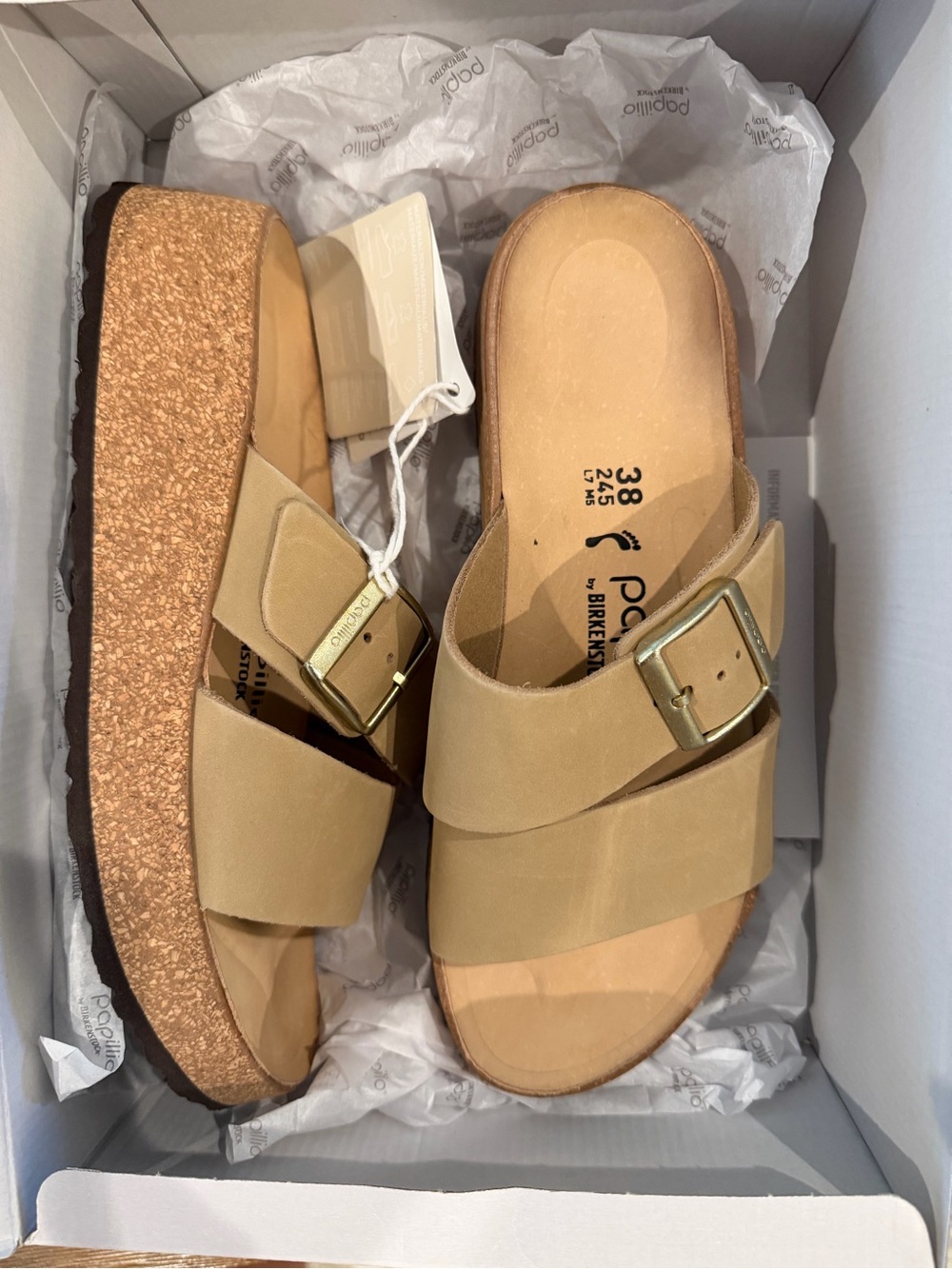 Birkenstock Papillio Almina Sandcastle Double-Strap Slide with Gold Buckles - Picture 2 of 8